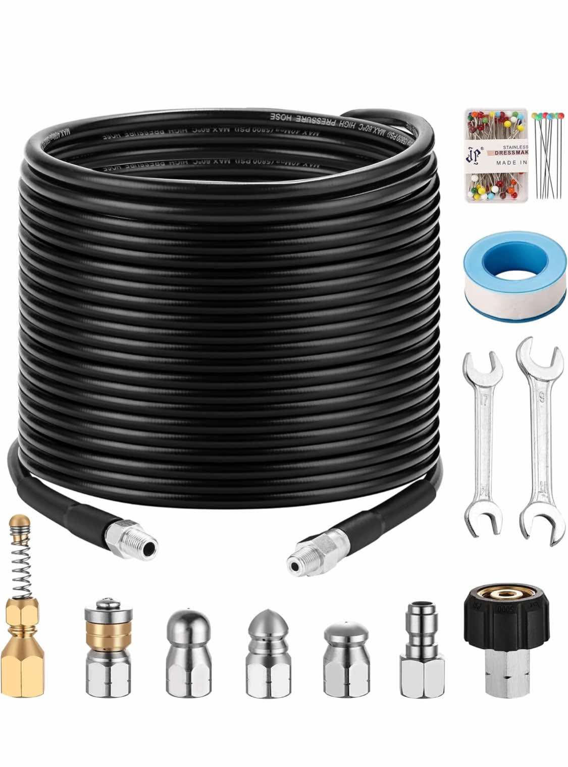 Sewer Jetter Kit for Pressure Washer, 75Ft X1/4" Water Jet Drain Cleaner Hose, Rotating and Button Nose Sewer Jetting Nozzles Waterproof Tape,Orifice 4.0 4.5,1/4 Inch NPT,5800 PSI