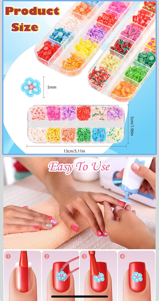 (12)Boxes Nail Art Fruit Flower Slices Colorful Polymer Slices Charms Mini Resin Nail Decoration with Tweezers for DIY Crafts Nail Art Accessories