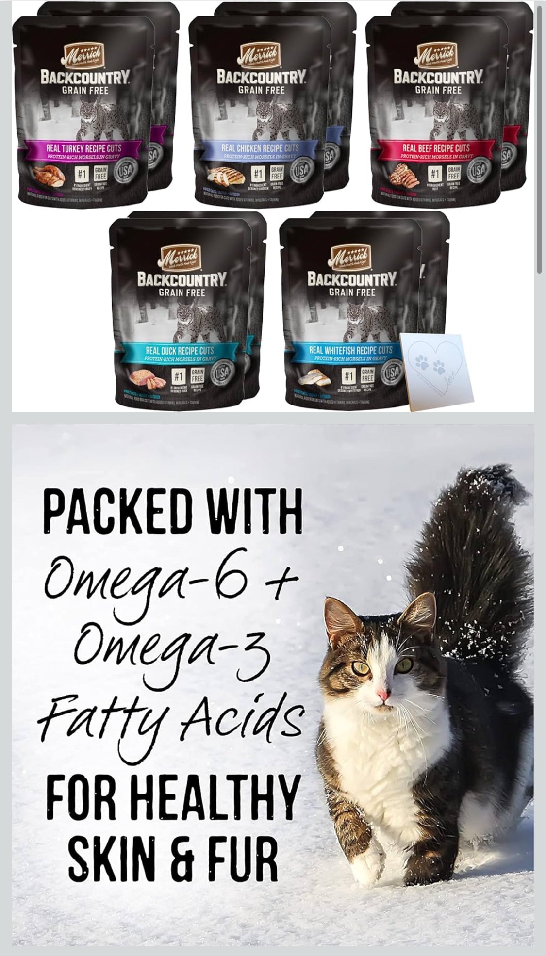 Huge Grain Free Wet Cat Food Pouches for Merrick-Backcountry - 3 Flavors: Chicken, Turkey, and Duck - Plus Pet Paws Notepad (3oz Each, 12 Pouches Total) - Flip It Now