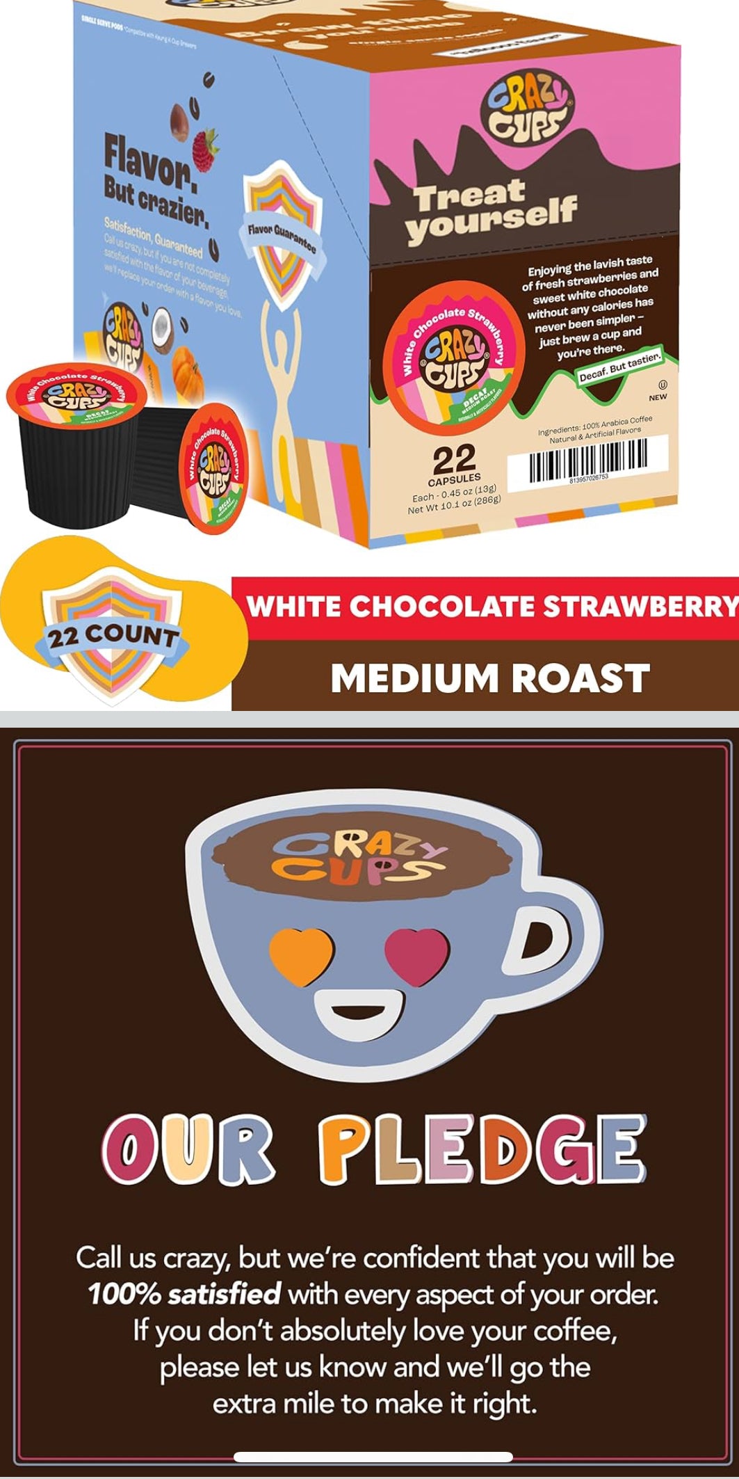 Crazy Cups Flavored Single Serve Hot or Iced Medium Roast Coffee for Keurig KCups Machines in Recyclable Pods, White Chocolate Strawberry(Pack of 1, 22 Count Total) - Flip It Now
