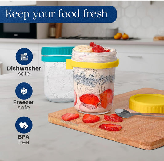 Gift Set Overnight Oats Containers with Lids, 16oz Overnight Oats Jars, 3 Pack Oatmeal Containers with Lids (Green + blue + Yellow) - Flip It Now