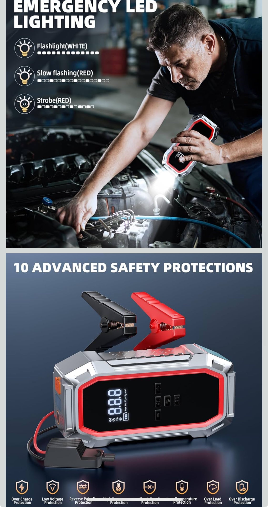 Jump Starter with Air Compressor, 5000A Peak Car Battery Jump Starter(9.0 Gas/8.0L Diesel), 160PSI 12V Jump Box Car Battery Jumper Starter Portable with Smart Jumper Cables, LED Lights, LCD Display