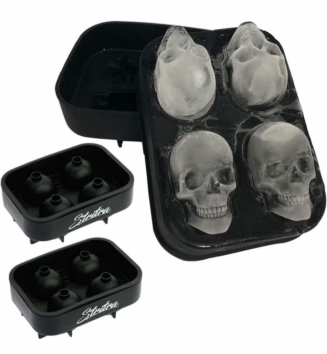 3D Skull Ice Mold (Pack of 2) Easy Release Silicone Mold,8 Cute and Funny Ice Skull for Whiskey,Cocktails and Juice Beverages,Black