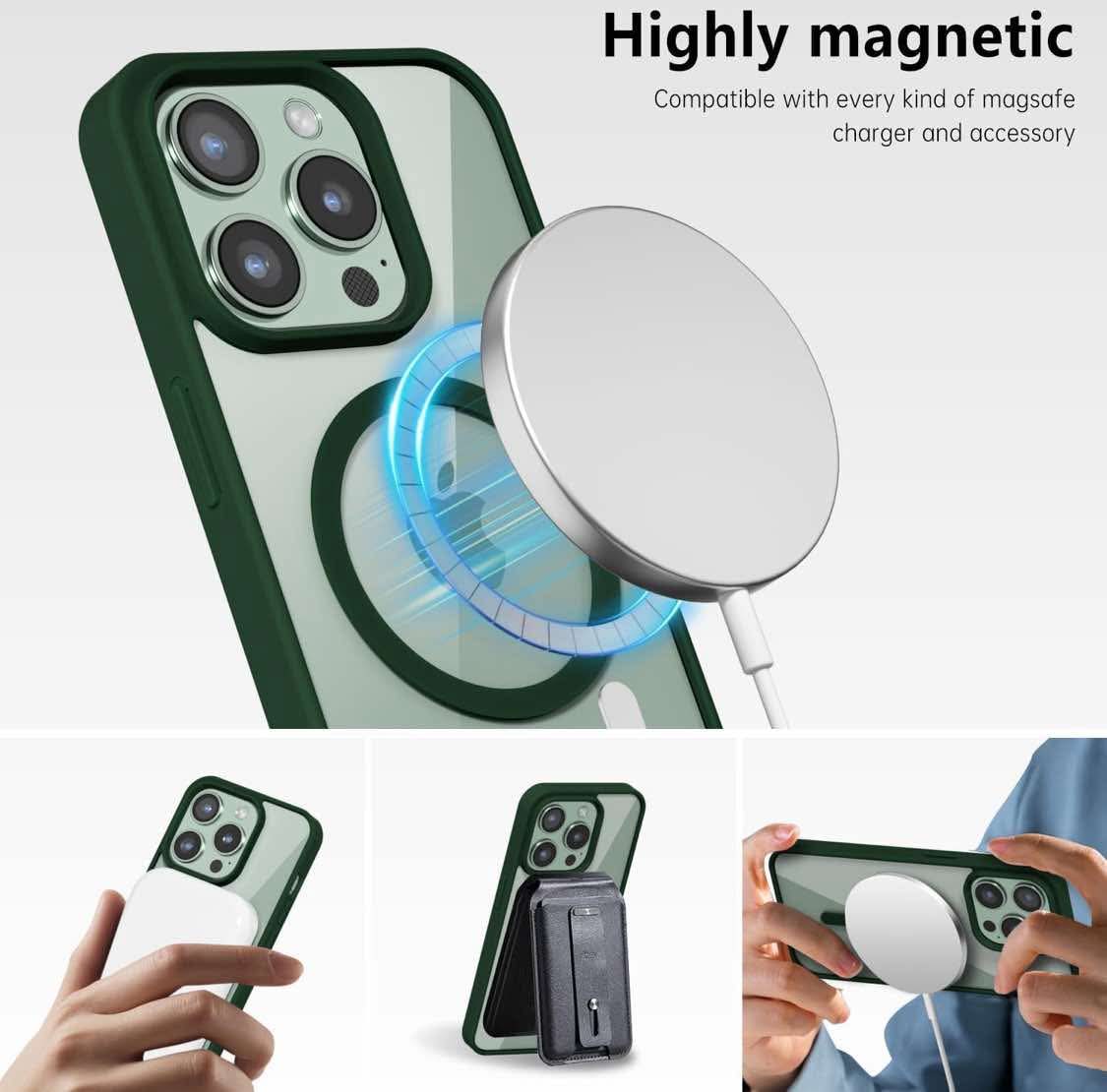 for iPhone 15 Pro Case Clear Mag Safe, Ultra Thin Slim Cover Magnetic Compatible with Magsafe Phone Case for Women Men Girl, Cute Soft TPU Silicone & Transparent Hard Plastic, Dark Green