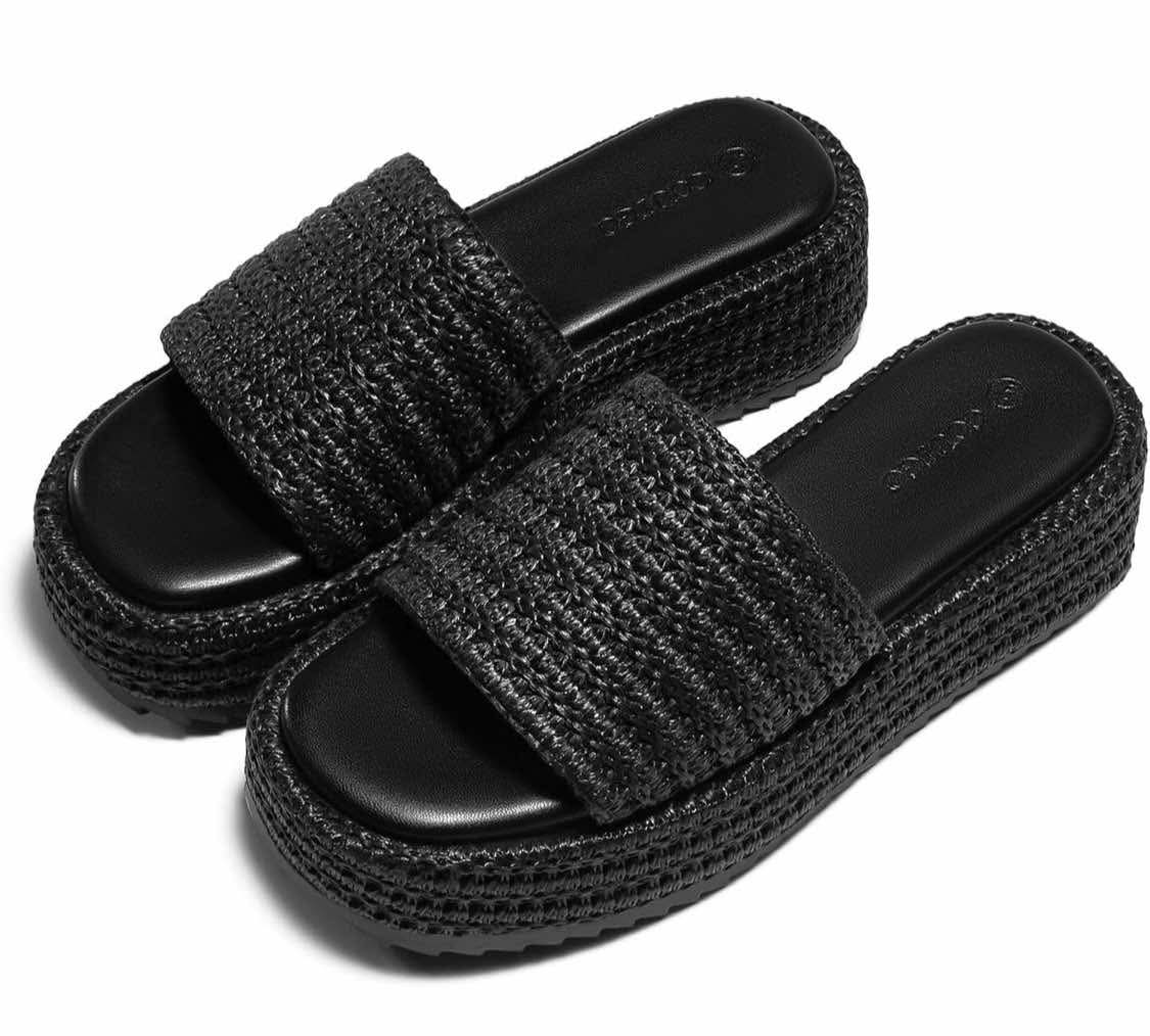 Coutgo Womens Platform Sandals Raffia Espadrilles Slip on Open Toe Cute Boho Summer Beach Slide Sandals