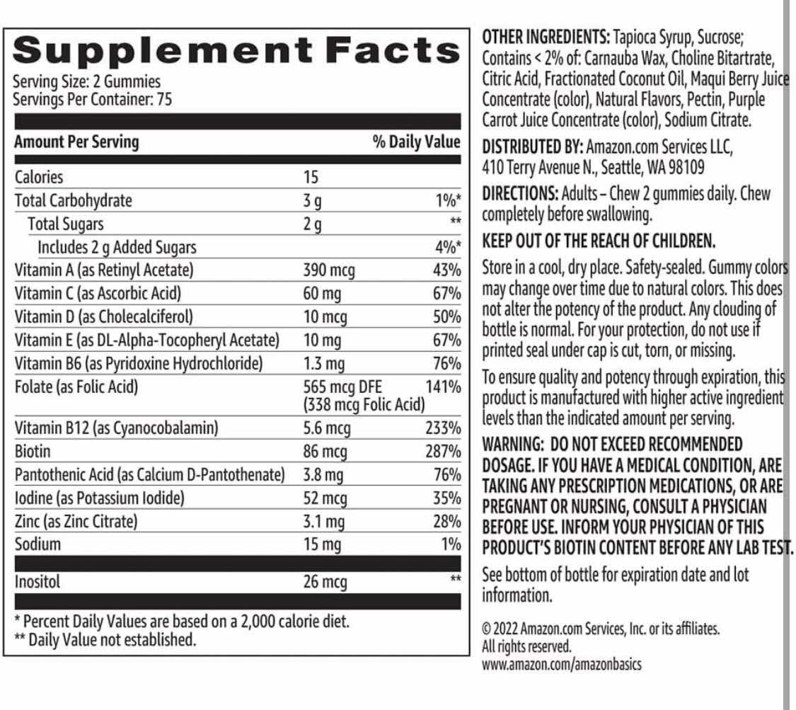 Amazon Basics Adult Multivitamin Gummies, Mixed Berry & Cherry, 150 Gummies, 75-Day Supply, Pack of 1 (Previously Solimo)
