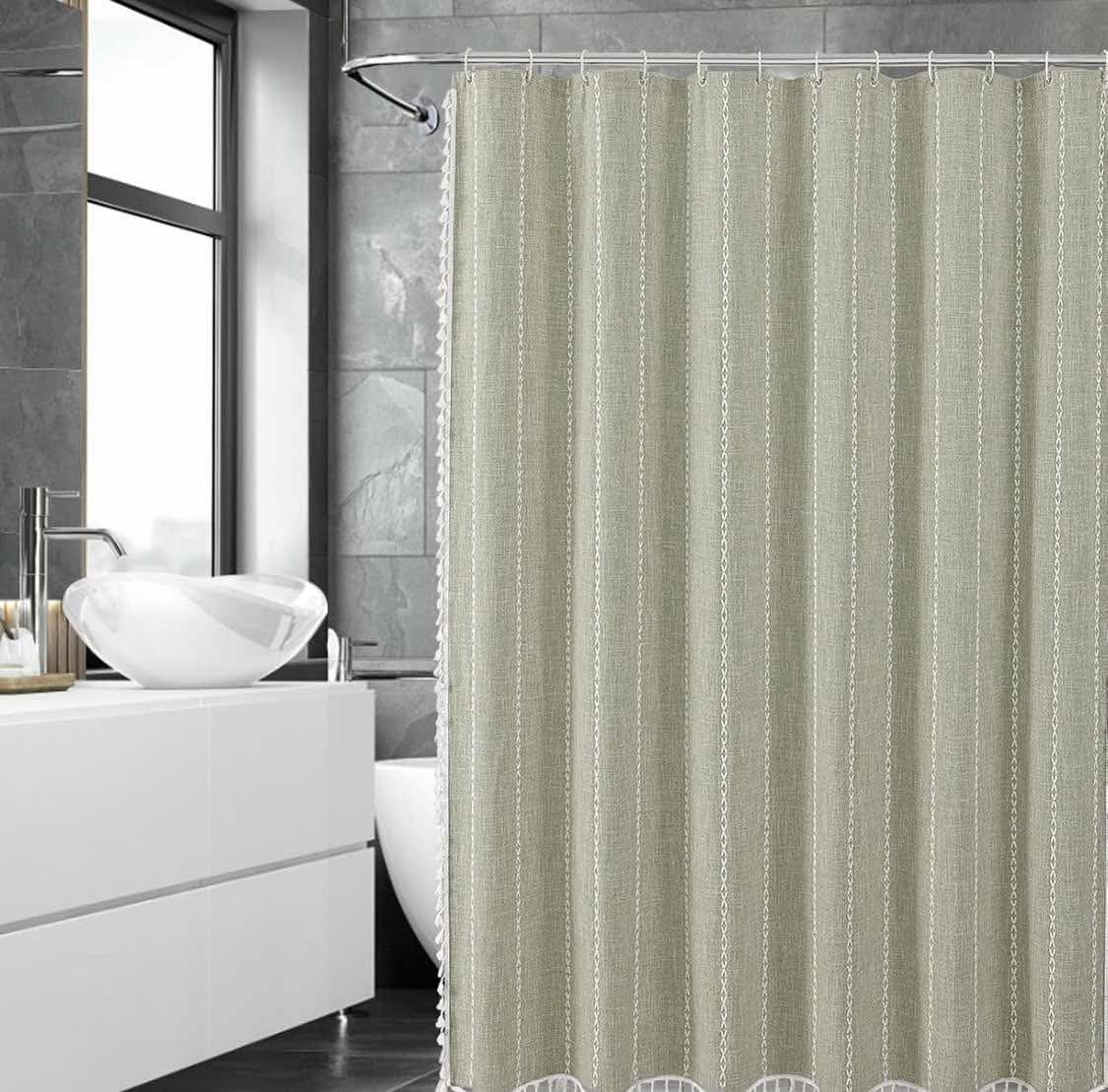 Boho Farmhouse Shower Curtain for Bathroom, Linen Striped Fabric Shower Curtain Set with Tassel,Bohemian Vintage Country Cloth Curtains with 12 Hooks,72 x 72 inches (Green)