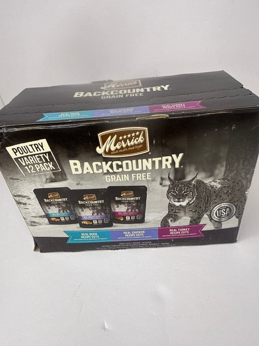 Huge Grain Free Wet Cat Food Pouches for Merrick-Backcountry - 3 Flavors:  Chicken, Turkey, and Duck - Plus Pet Paws Notepad (3oz Each, 12 Pouches Total)