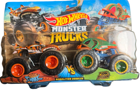 HOT WHEELS MONSTER TRUCKS. Demolition double 1:64. 2 PACK. NEW FOR 2025. Tiger shark + piranahhhh - Flip It Now