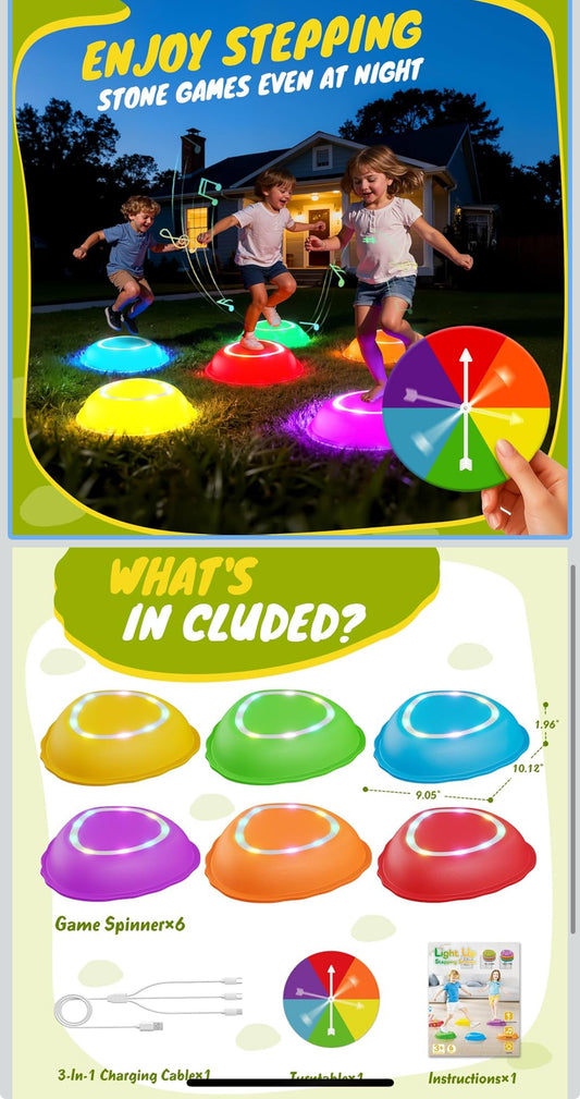 Rechargeable Stepping Stones for Kids, 6pcs Music and Light Up Anti-Slip Balance Sensory Toys for Toddler, Kids Indoor and Outdoor Play Equipment, Birthday Gifts Toys for 3 4 5+ Year Old Kids