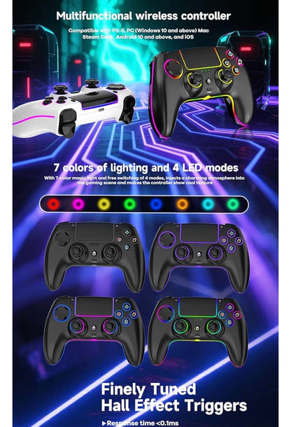 Wireless Controller For PS-5/PC/MAC/iOS/Android/Steam Deck, Gamepad with 7 Variable Color RGB Lights/Hall Effect Joystick/Dual Vibration/Turbo/Programmable/Headset Jack/Touchpad/1500 mAh Battery