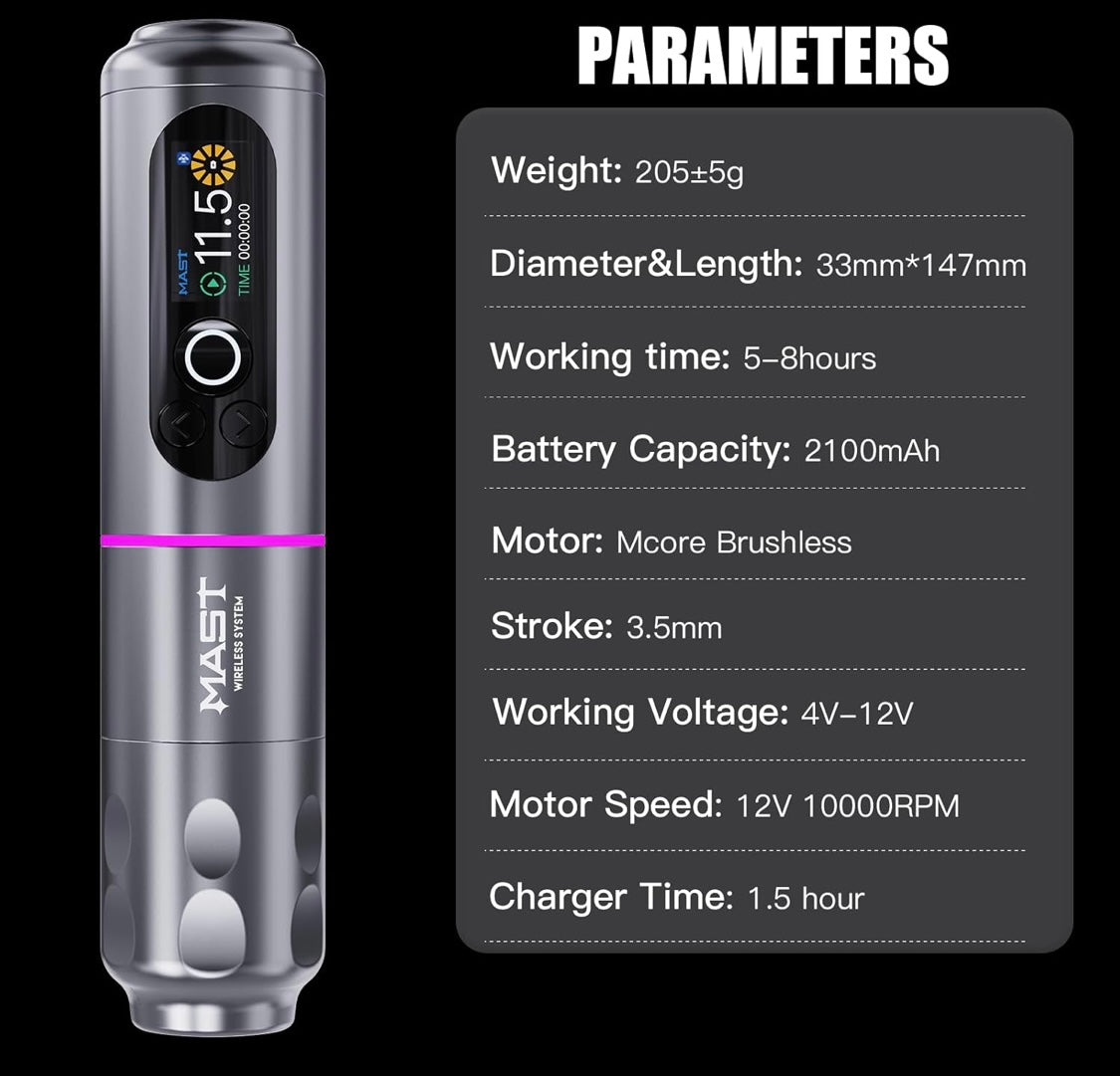 Mast Archer2 Cordless Tattoo Gun, Tattoo Machine Brushless Motor, Seamless Frame, 2000 mAh Battery, 3.5mm Stroke Length (Grey)