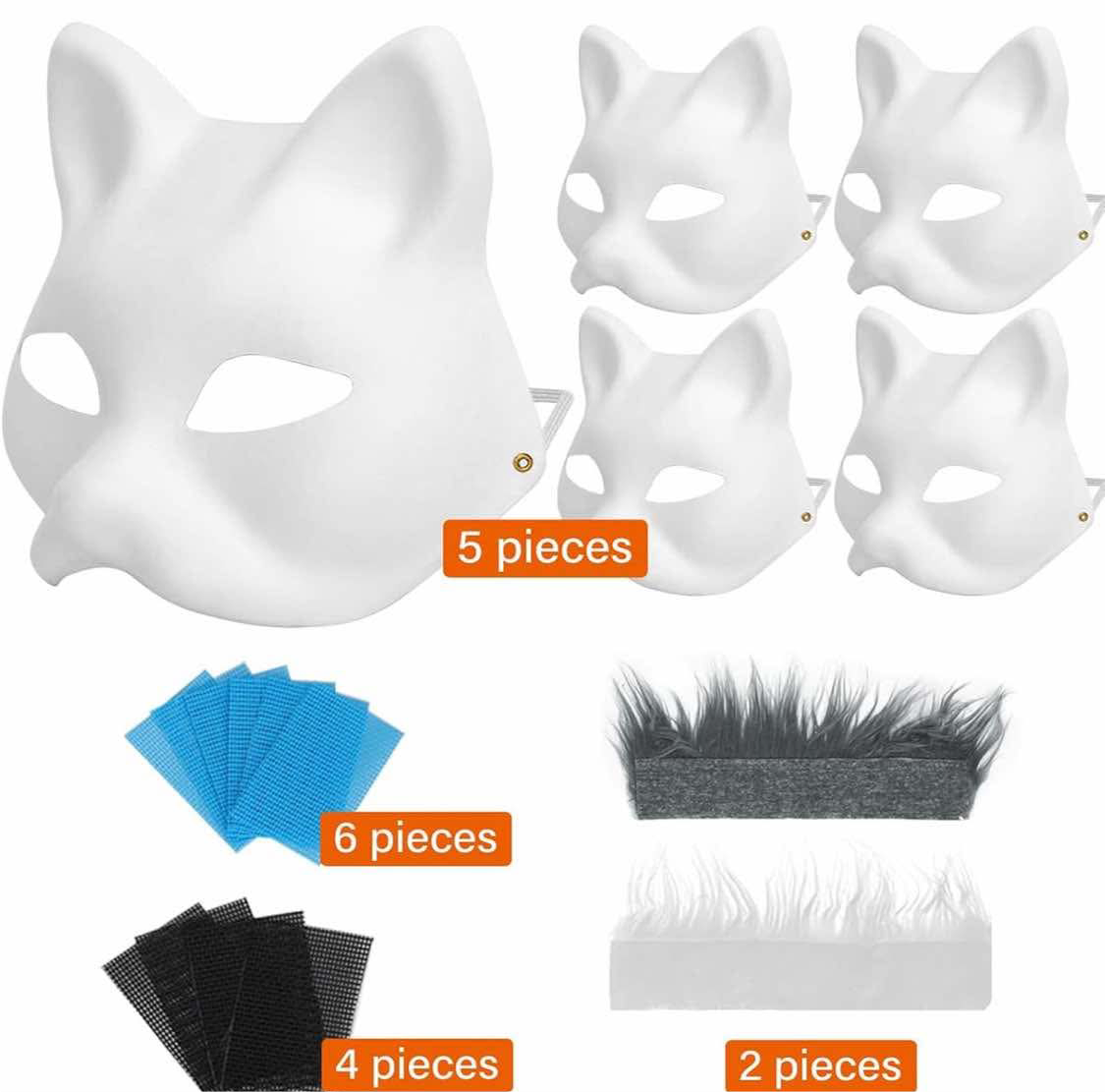 (30) DFLU Cat Therian Mask Kit with Fur and Eye Mesh, Blank DIY Therian Gear Stuff Masks Base to Paint