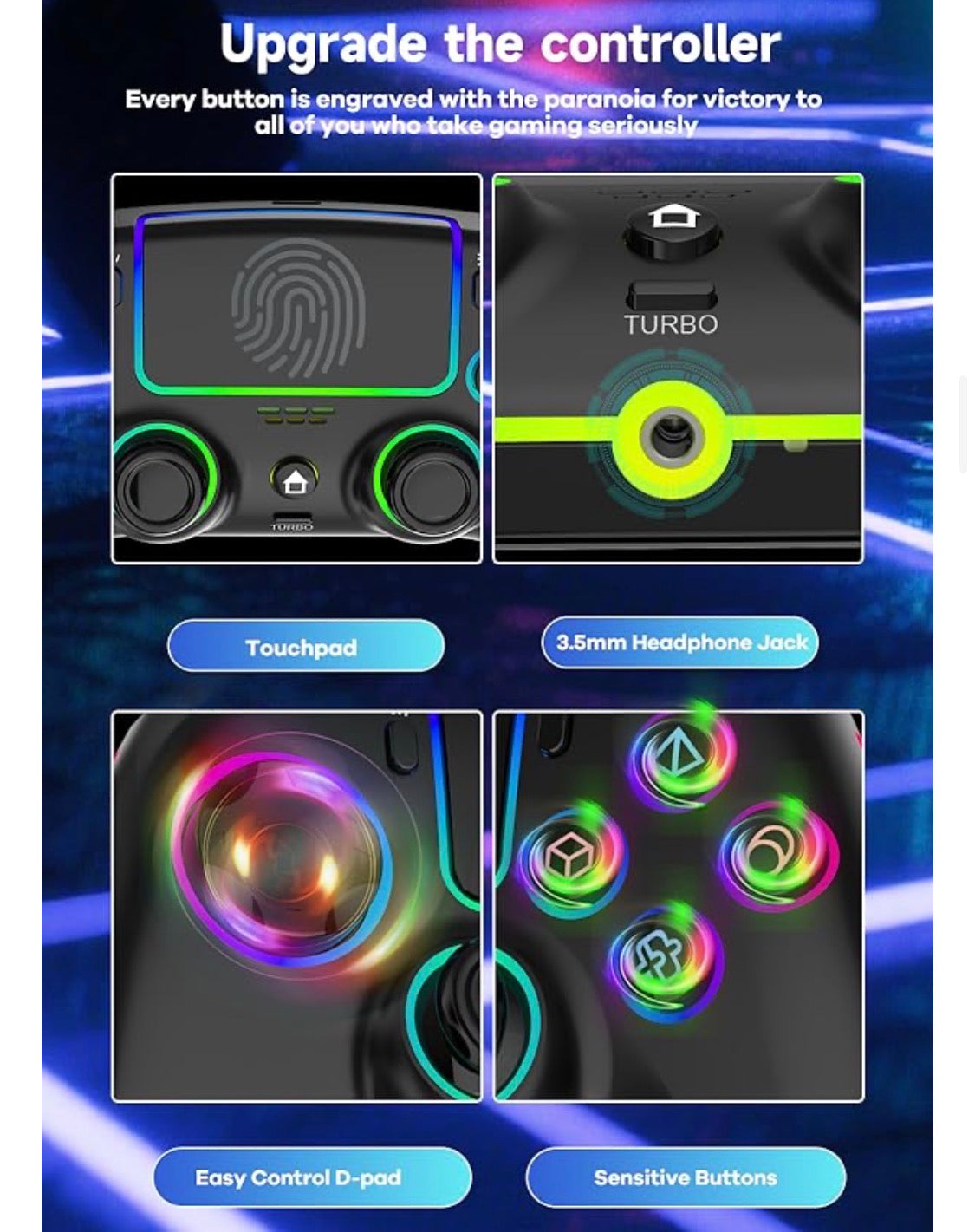 Wireless Controller For PS-5/PC/MAC/iOS/Android/Steam Deck, Gamepad with 7 Variable Color RGB Lights/Hall Effect Joystick/Dual Vibration/Turbo/Programmable/Headset Jack/Touchpad/1500 mAh Battery