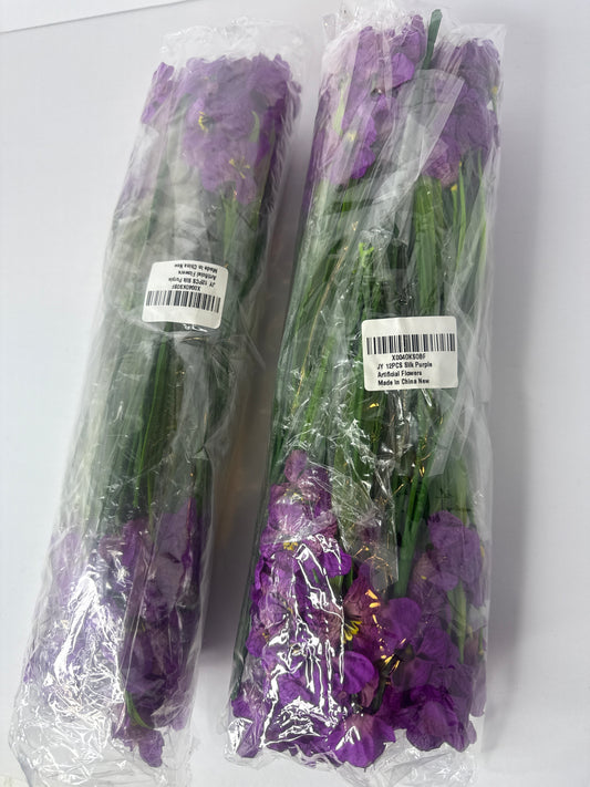 (2) 12 Bundles Artificial Flowers Outdoor UV Resistant Fake Flowers No Fade Plastic Plants Garden Porch Window Box Decorating (Purple