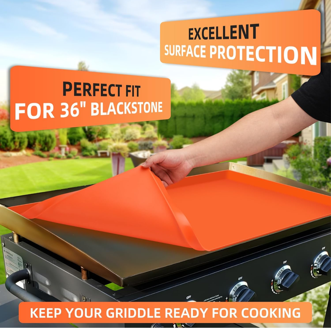 BANGIE Griddle Cover Mat for Blackstone 36 Inch Griddle Accessories | Full Wrap-Around Protection Silicone Mat for Griddle | Food Grade Silicone Grill Mat | ORANGE - Flip It Now