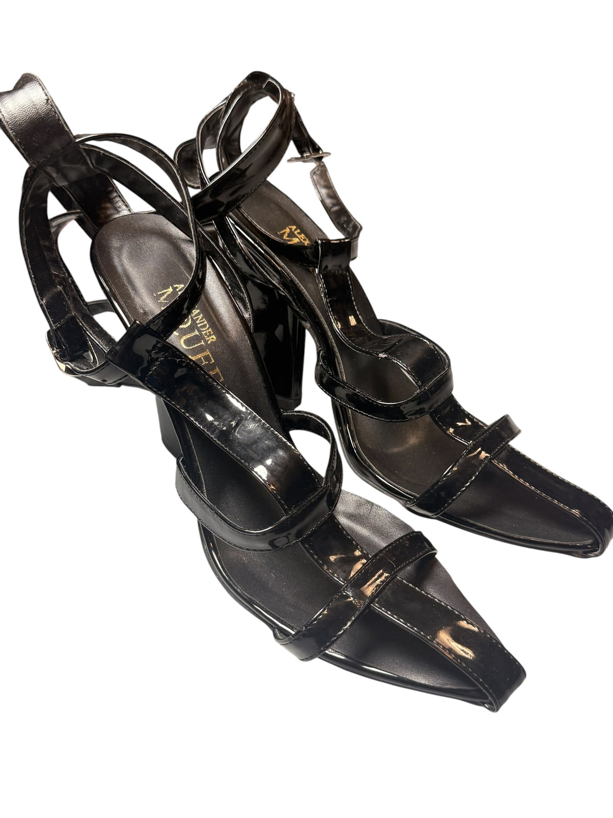 Alexander McQueen Black Patent Leather Ankle Strap Block Heel Sandals Size 39 - Flip It Now