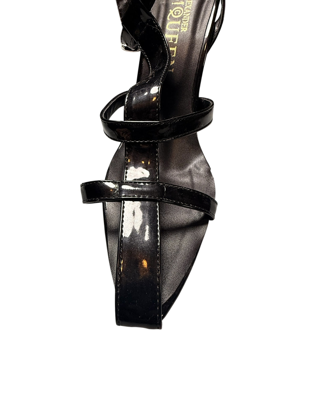Alexander McQueen Black Patent Leather Ankle Strap Block Heel Sandals Size 39 - Flip It Now