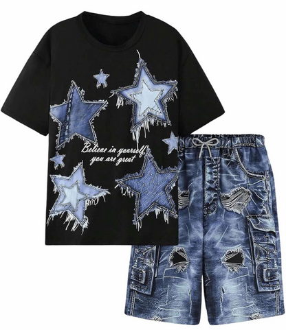 GORGLITTER Boy's 2 Piece Outfit Star Graphic Print Tee Shirt Elastic Waist Denim Short Sets - Flip It Now