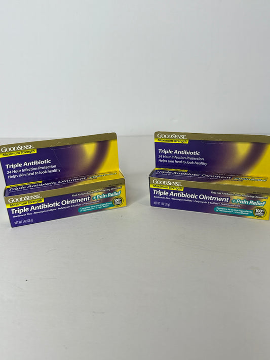(X2)GoodSense Maximum Strength Triple Antibiotic Ointment Plus Pain Relief, Soothes Painful Cuts, Scrapes, and Burns, While Preventing Infection, 1 Ounce (Pack of 2) - Flip It Now