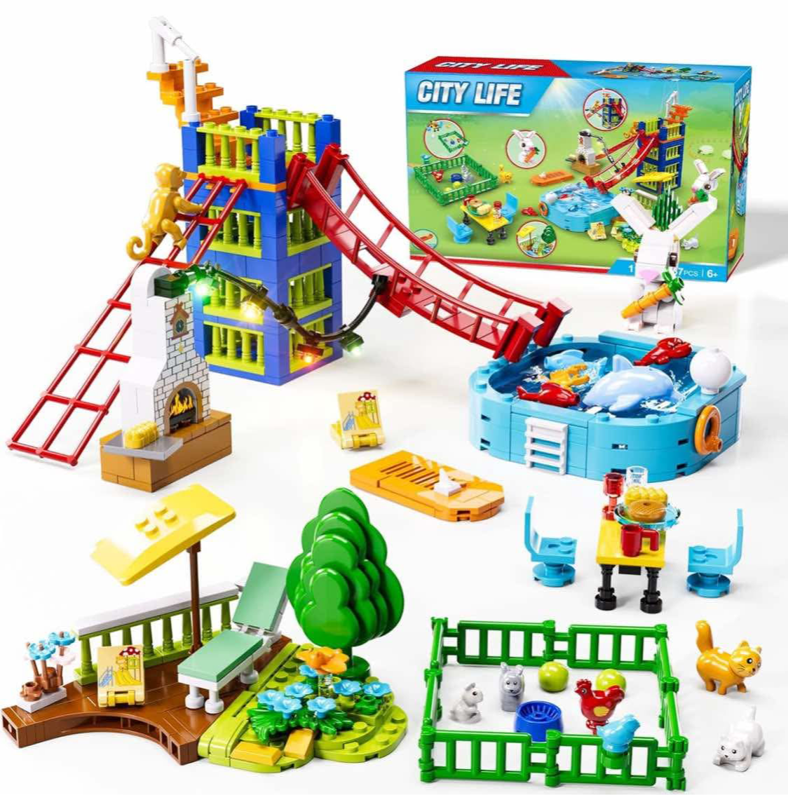 City Amusement Park Building Set for Boys, STEM Toy Building Block with Crabs, Fishes, Whale, Kittens and Chicks Animal Miniatures, Toy Gift for Kids Girls 6 7 8 9 10+ Years Old