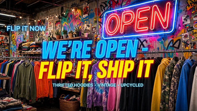 A busy thrift store interior with racks of colorful hoodies and sweatshirts, graffiti-covered walls, and a large neon-style 'OPEN' sign. Large overlaid text reads 'WE'RE OPEN - FLIP IT, SHIP IT' with smaller text 'THRIFTED HOODIES - VINTAGE - UPCYCLED'.