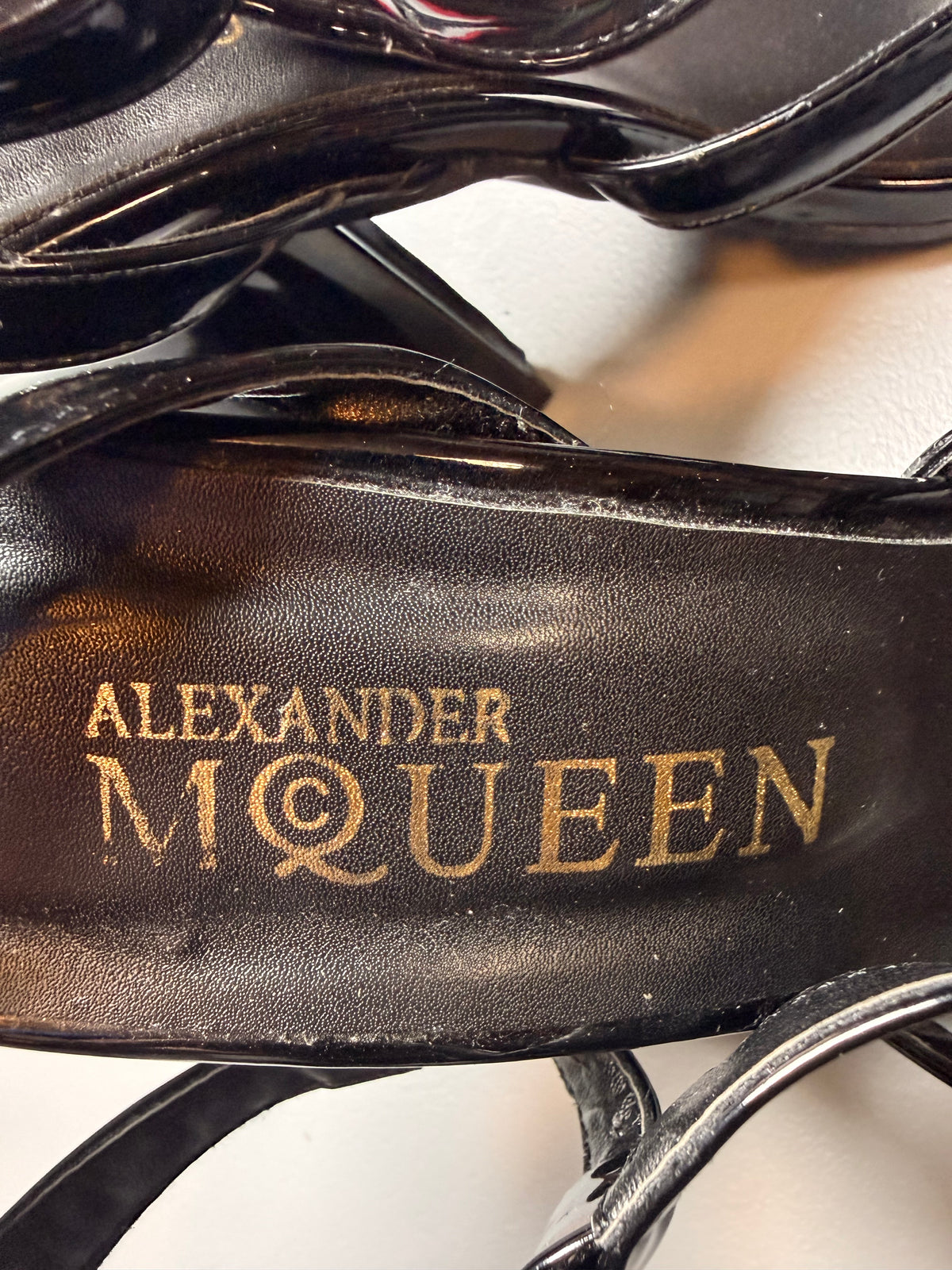Alexander McQueen Black Patent Leather Ankle Strap Block Heel Sandals Size 39 - Flip It Now