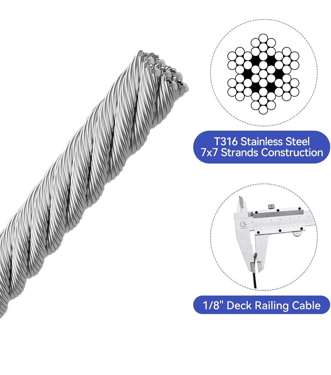 1/8 Stainless Steel Cable Railing, 7x7 Strand Construction, 600FT