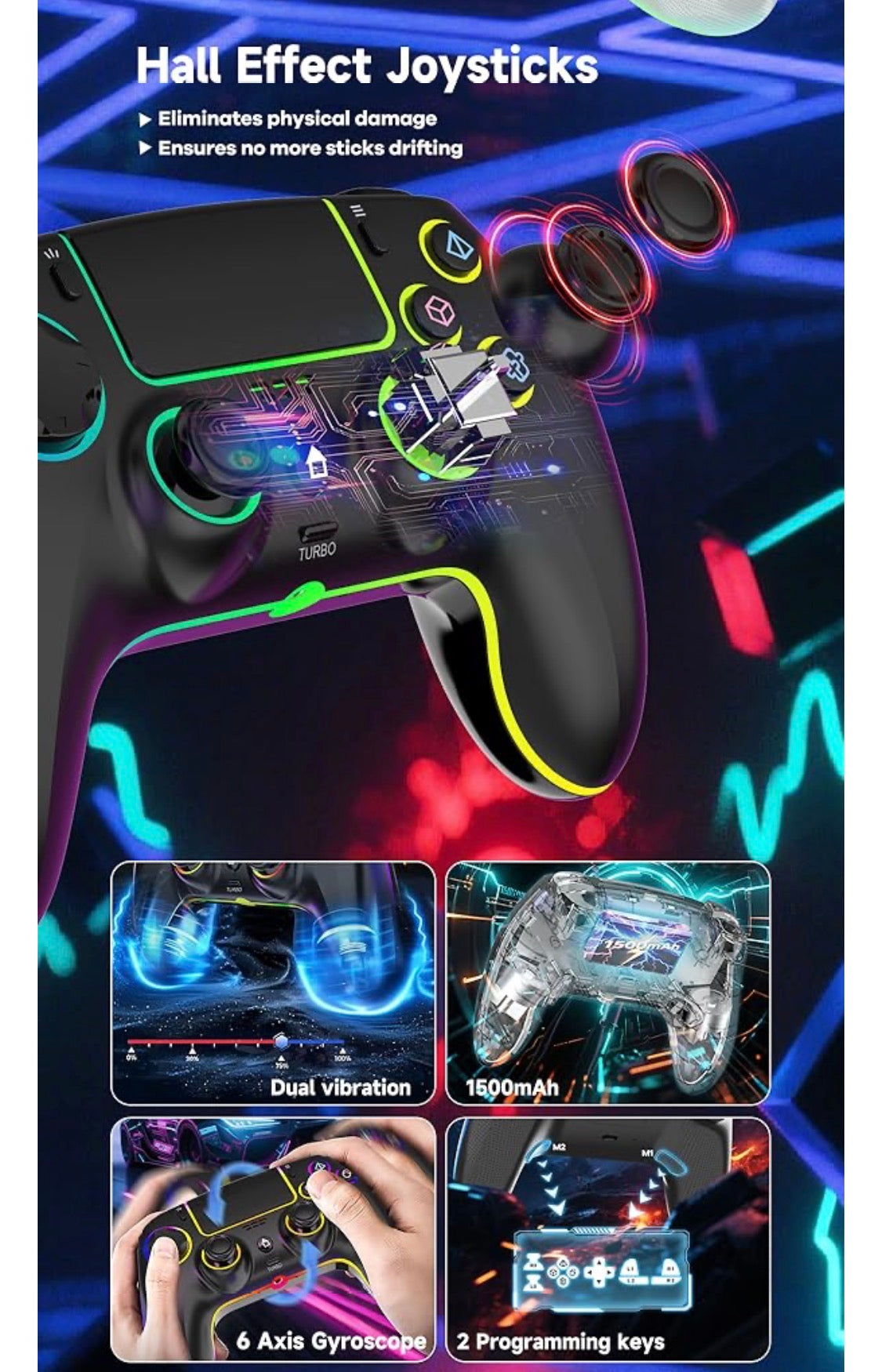 Wireless Controller For PS-5/PC/MAC/iOS/Android/Steam Deck, Gamepad with 7 Variable Color RGB Lights/Hall Effect Joystick/Dual Vibration/Turbo/Programmable/Headset Jack/Touchpad/1500 mAh Battery