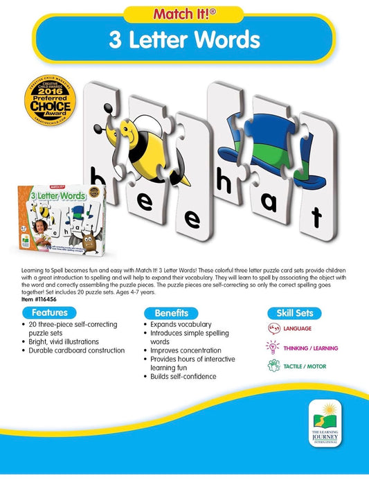 The Learning Journey: Match It! - 3 Letter Words -Spelling Puzzles for Kids Ages 3-5, Learn to Read With Preschool Learning Materials and Learning Games - Award Winning Educational Toys - Flip It Now
