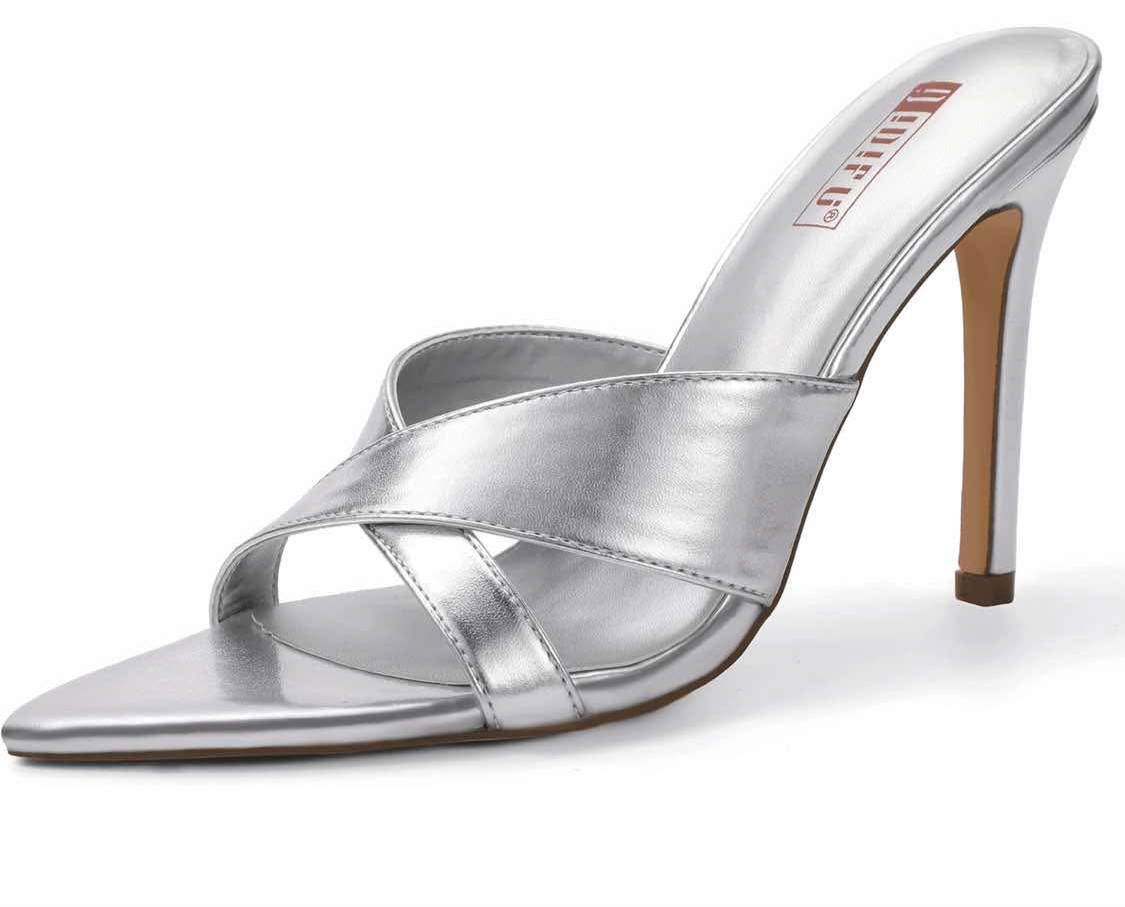 IDIFU IN4 High Heels for Women Strappy Stiletto Pointed Toe Slip On Slide Heels Comfortable Cross Strap Heel Sandals Sexy Cute Wedding Party Dress Shoes Open Toe Mule Heeled Sandals