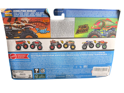 HOT WHEELS MONSTER TRUCKS. Demolition double 1:64. 2 PACK. NEW FOR 2025. Tiger shark + piranahhhh - Flip It Now