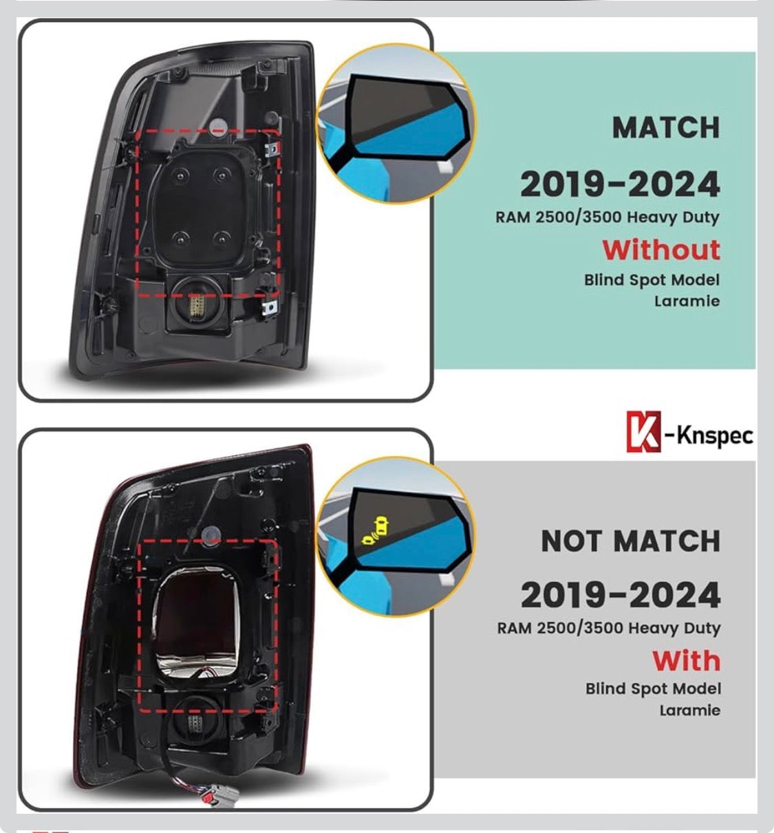 LED Tail Lights Assembly Compatible With 2019-2023 RAM 2500 3500 without Blind Spot Red Bezel Rear Brake Lights Replace 68361716AD (Right Passenger Side) - Flip It Now