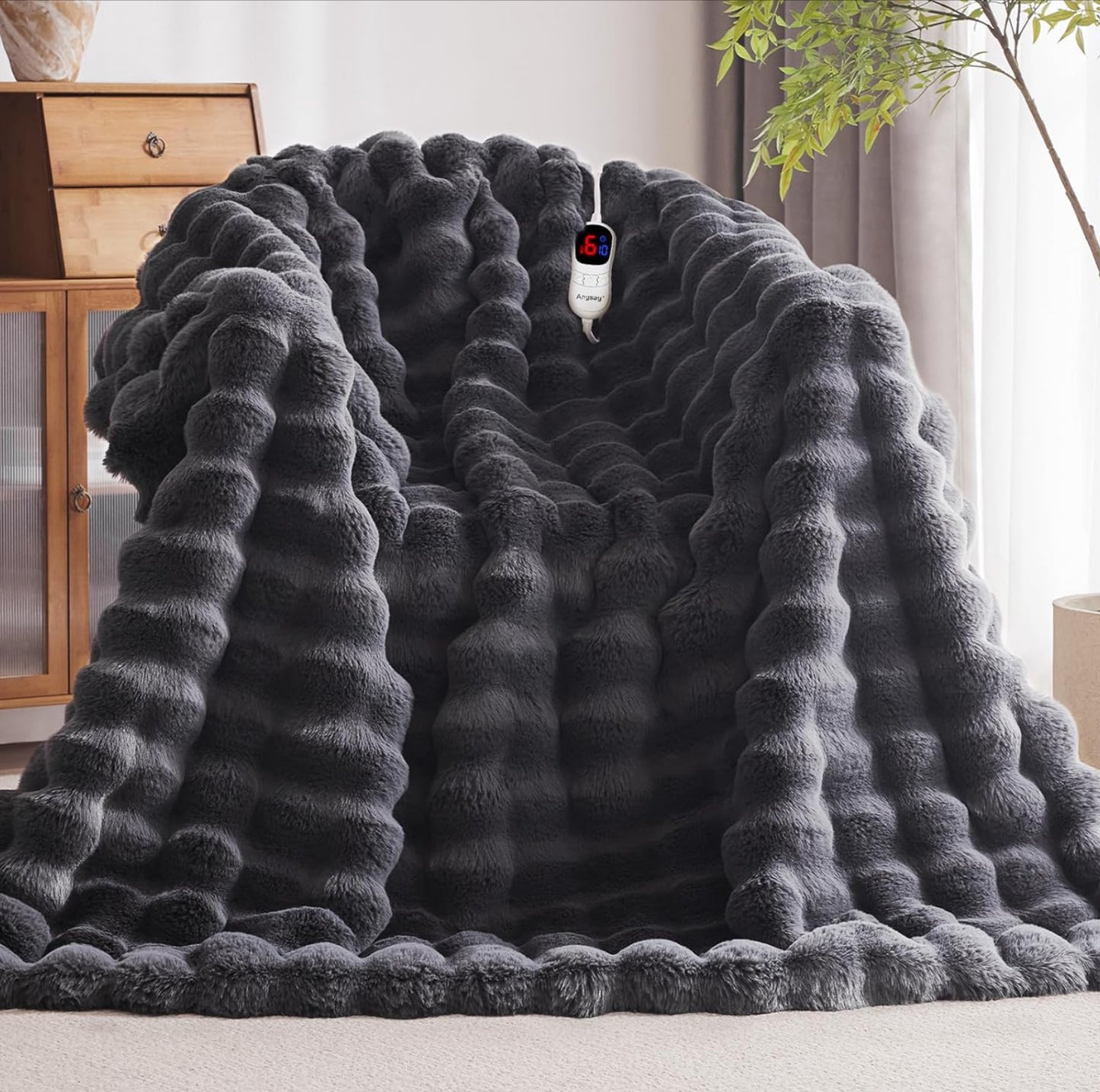 Heated Blanket Throw with 1/2/4/6/8 Hours Auto-Off 10 Heat Level, 62'' * 84'' Cozy Faux Rabbit Fur Bubble Electric Blanket with Overheat Protection(Dark Grey twin size - Flip It Now