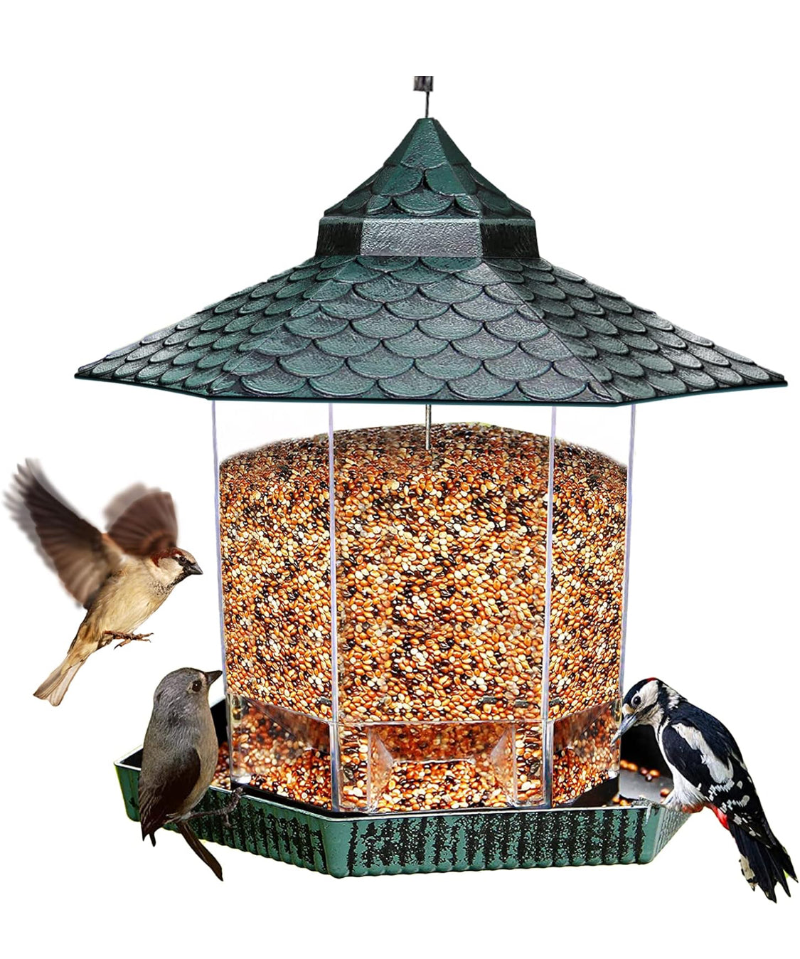 Twinkle Star Wild Bird Feeder Hanging for Garden Yard Outside Decoration, Hexagon Shaped with Roof, Green
