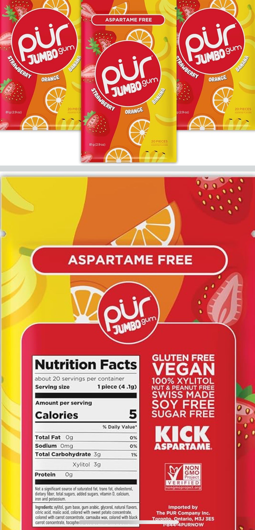 PUR Jumbo Gum | Aspartame Free Chewing Gum | 100% Xylitol | Natural Strawberry, Banana, Orange Flavor, 20 Pieces (Pack of 3) - Flip It Now