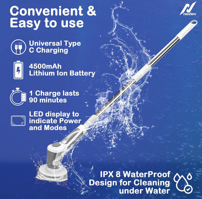 Electric Spin Scrubber, Cordless Cleaning Brush IPX7 Waterproof with 6 Replaceable Brush Heads, 2H Power Dual Speed, Shower Scrubber with Extension Handle for Bathroom Tub Tile Floor Car