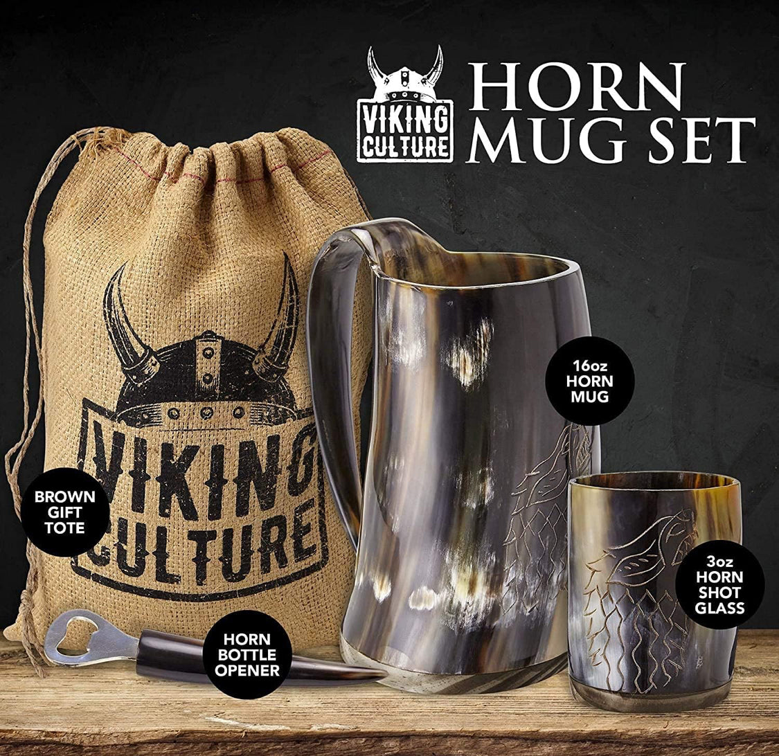 Viking Horn Mug Gift Set for Men – Authentic 16oz Ox Horn Beer Tankard with Shot Glass, Bottle Opener & Gift Bag – Handcrafted Viking Drinking Mug for Dad, Husband, Boyfriend – Christmas Gifts
