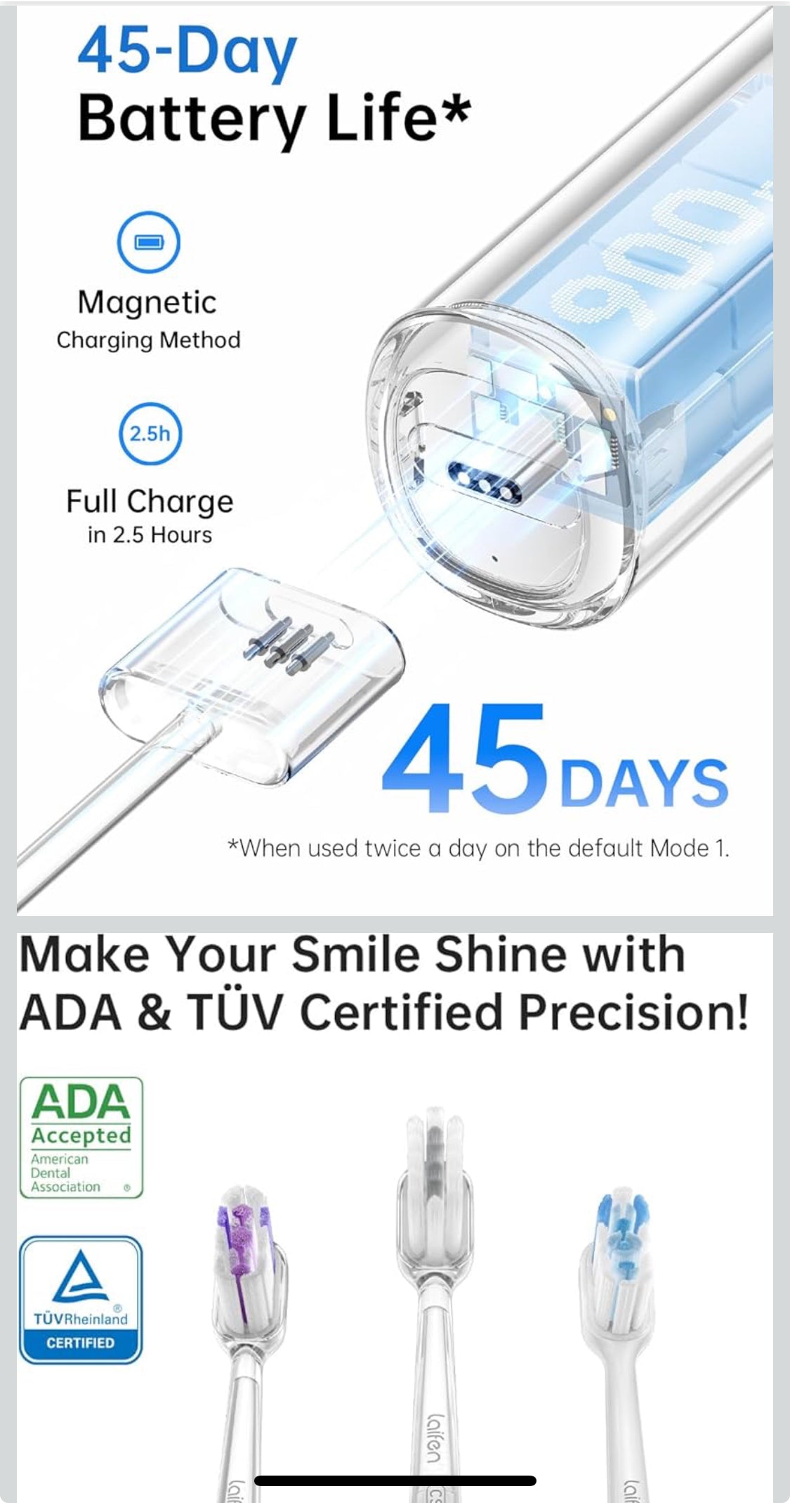 Laifen Wave Electric Toothbrush, Oscillation & Vibration Sonic Electric Toothbrush for Adults with 3 Brush Heads, IPX7 Waterproof ADA Accepted Travel Powered Toothbrush (ABS)white