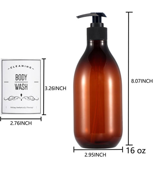 2 Pack Pump Bottle Dispenser, 16 oz Plastic Lotion Bottle with Pump for Body Oil, 500ml Amber Refillable Containers with 12 Labels for Shampoo Body Wash Hand Dish Soap - Flip It Now