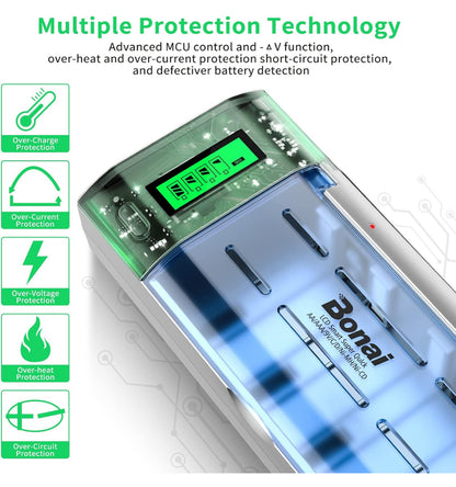 BONAI LCD Battery Charger for C D AA AAA NiMH NiCD & 9V Lithium Rechargeable Batteries with Discharge Function and AC Plug Fast Charging