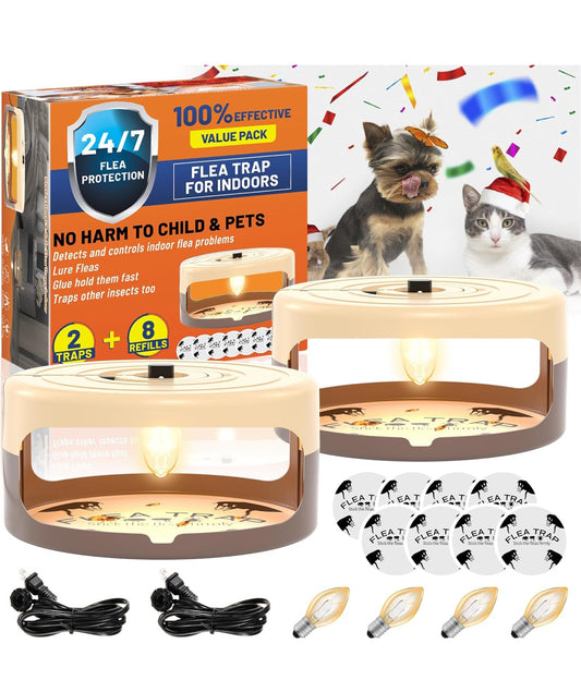2 Pack Flea Traps for Inside Your Home, Indoor Flea Light, Bed Bug Killer with 8 Sticky Pads & 4 Light Bulb, Odorless Natural Insect Infestation Treatment Trap for Kid Pet