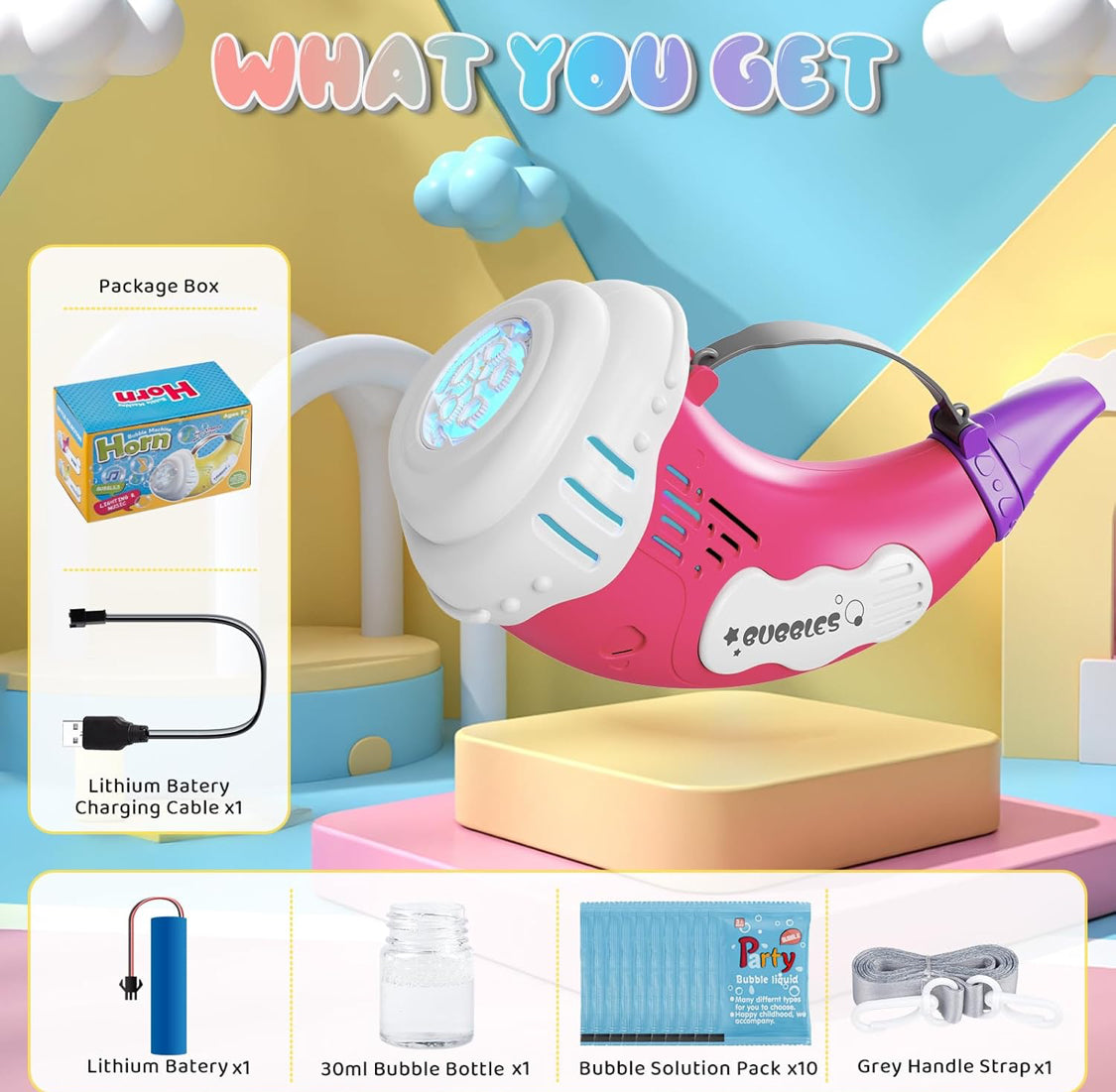 Bubble Machine for Kids 2 in 1 Automatic Bubbles Blower LED Horn Music Bubbles Gun Rechargeable Battery Bubble Toys Indoor Outdoor Birthday Parties Gifts for Toddlers Boys Girls Pink - Flip It Now