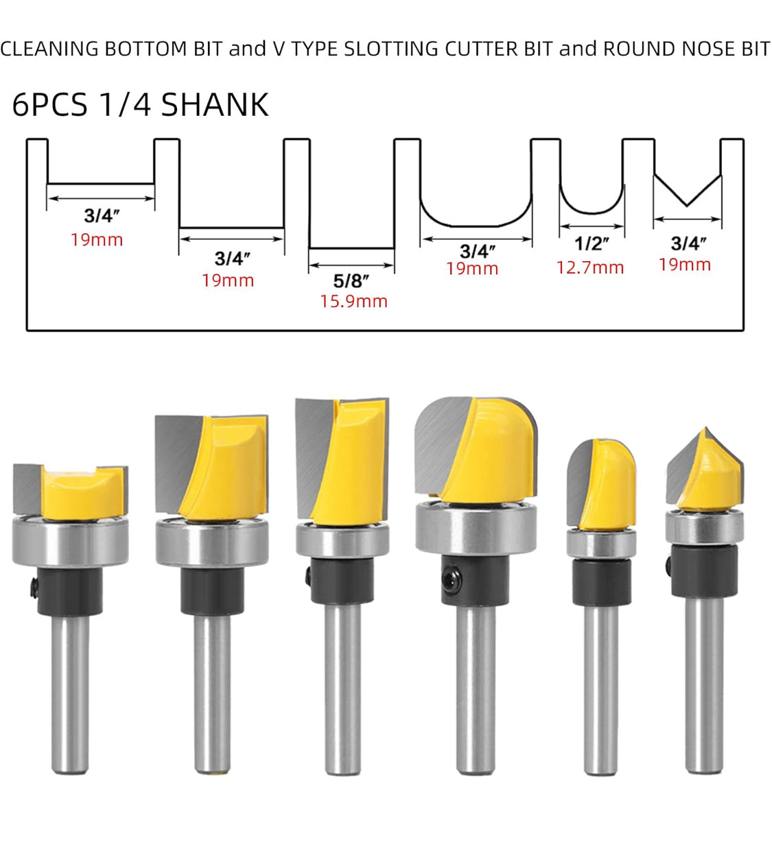 1/4 Shank 6PC Bearing Set Router Bit Template Router planing Head Set with Ball Bearing Engraving Router planing Head Wood Cutter Woodworking Tools Carving Cutting Tool - Flip It Now
