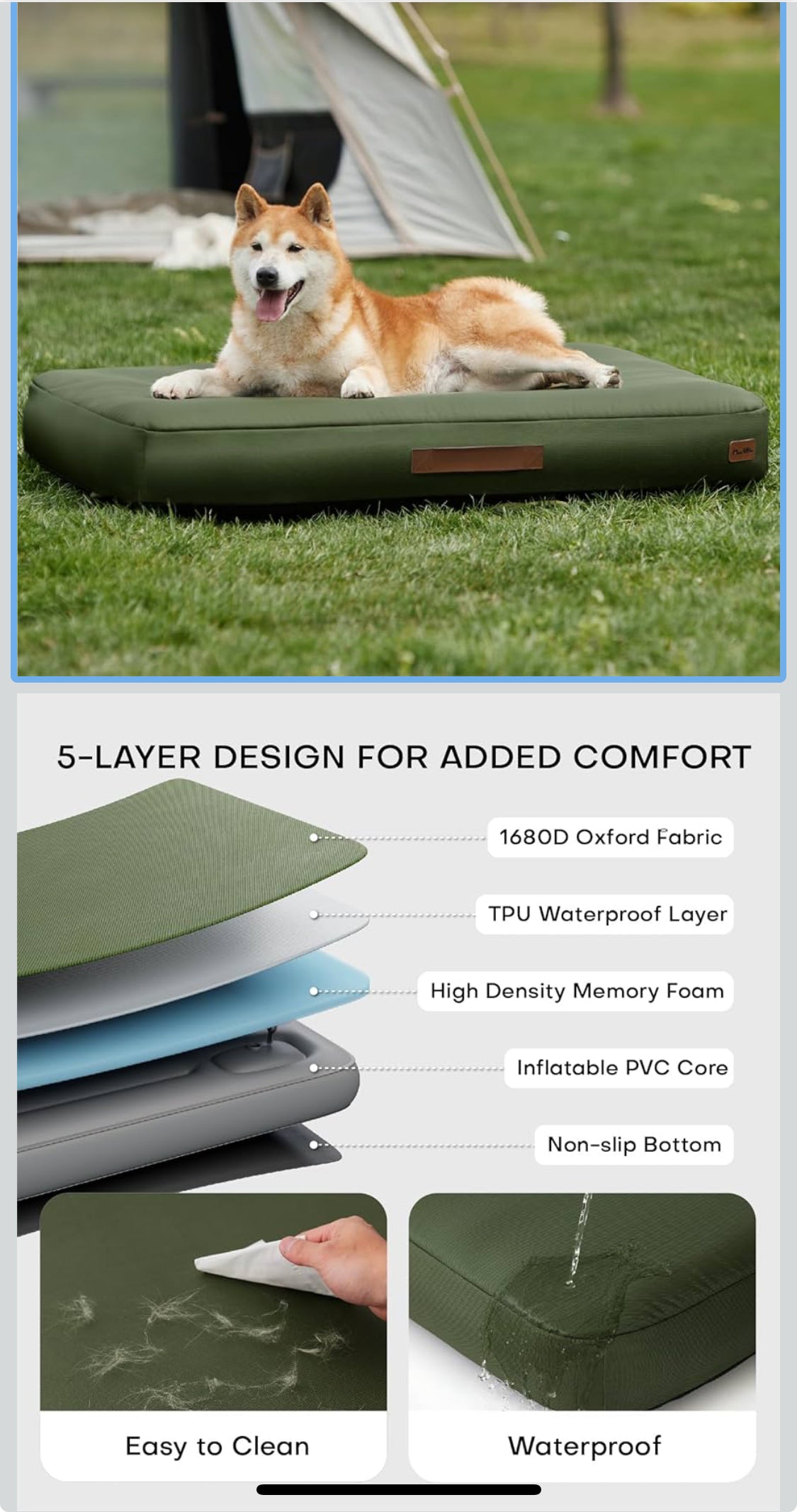 MADE 4 PETS Outdoor Dog Bed Waterproof Inflatable – Self-Inflating Travel Pet Bed for Small to Medium Dogs, Foldable & Portable Crate Mat with Built-in Pump, Durable Oxford Fabric, Green, 36"x27"x4"