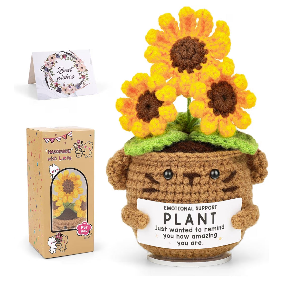 (2)Positive Sunflower Doll Crochet  with Card, Inspirational Gifts for Women Men Friend Daughter Coworker, Emotional Support Crochet Appreciation Gifts for Birthday, Christmas - Flip It Now