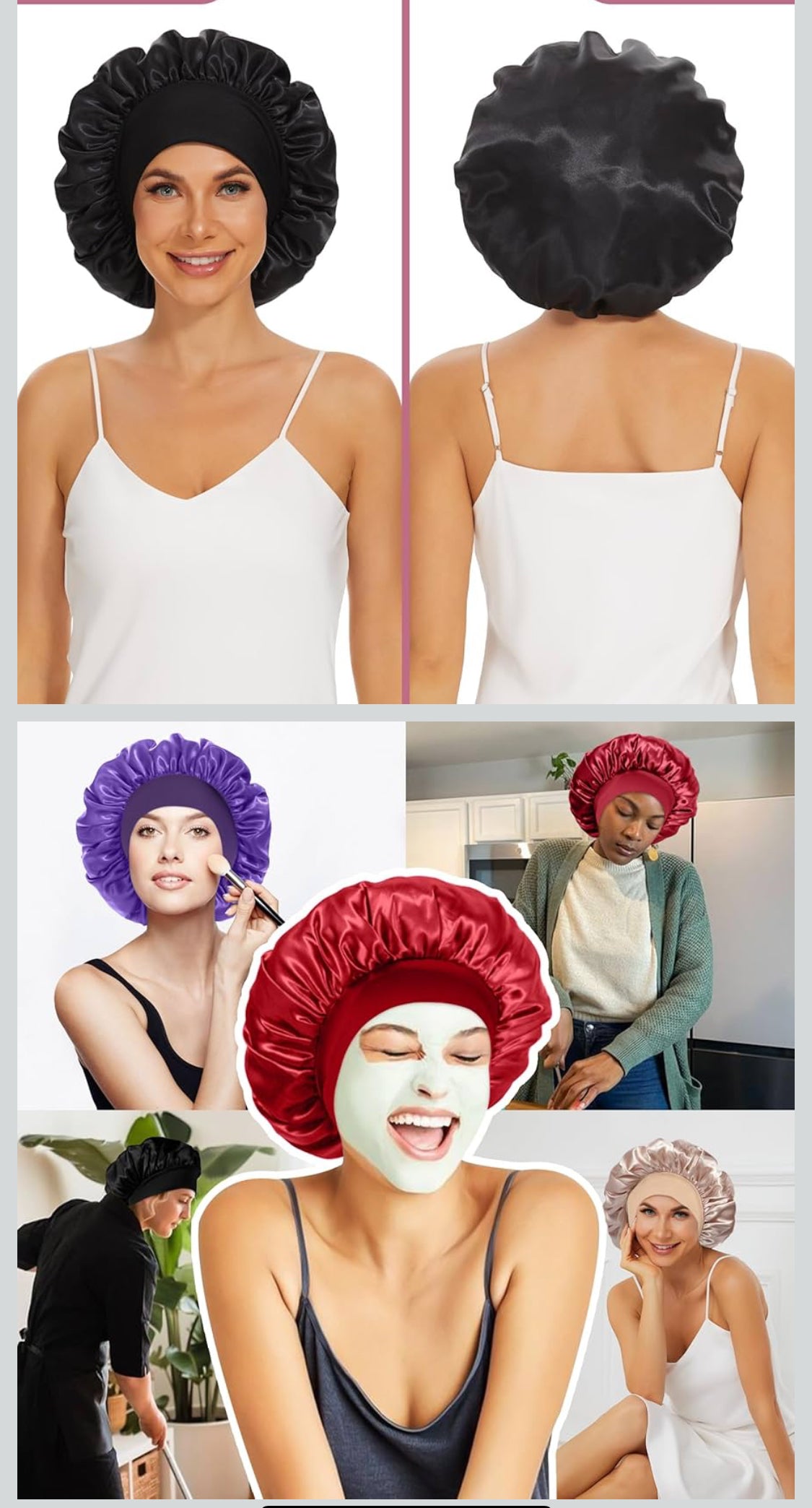 4Pcs Satin Bonnet Silk Bonnet, Hair Bonnet for Sleeping, Elastic Wide Band Silk Sleep Cap, Soft and Breathable (Black Red Purple blue) - Flip It Now