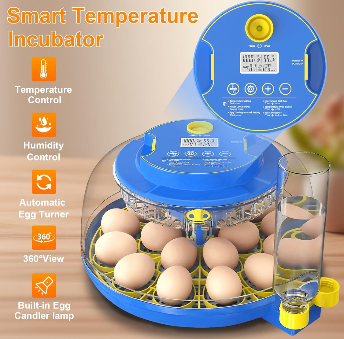 18 Egg Incubator with Automatic Egg Turning & Humidity Control, 360° Viewing, Dual Egg Trays,Incubators for Hatching Eggs, Chicken, Duck, Quail, Goose, Parrot (Home, Farm, Lab,Classroom Use)