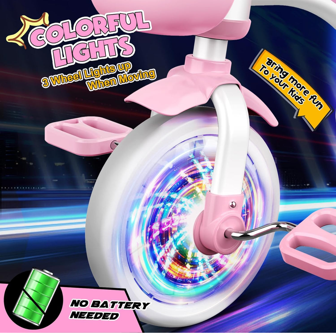 Toddler Tricycle for 1-3 3-5 Year Olds, 2 3 4 5 Year Old Girl Xmas Birthday Gifts, Pink Toddler Baby Bike, 4-Level Adjustable Seat, 3 Color Light Wheels, 2 Baskets, Outdoor Toys for Ages 2-4