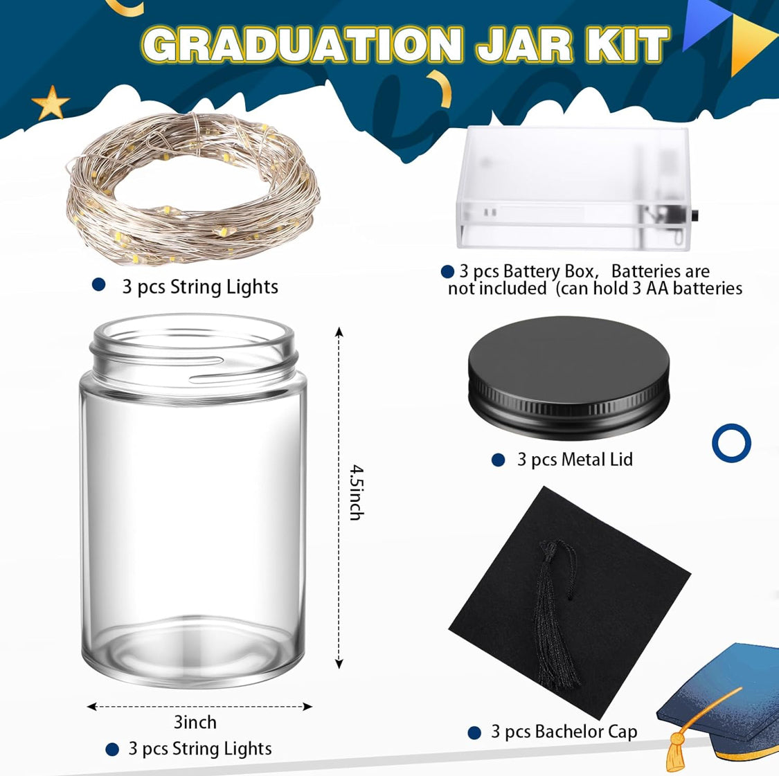 15 Pcs DIY Graduation Party Themed Plastic Jar Graduation Candy Gift LED Battery Operated Light Self Adhesive Glitter Alphabet Letter Stickers Graduation Cap Decoration Supplies(Black) - Flip It Now